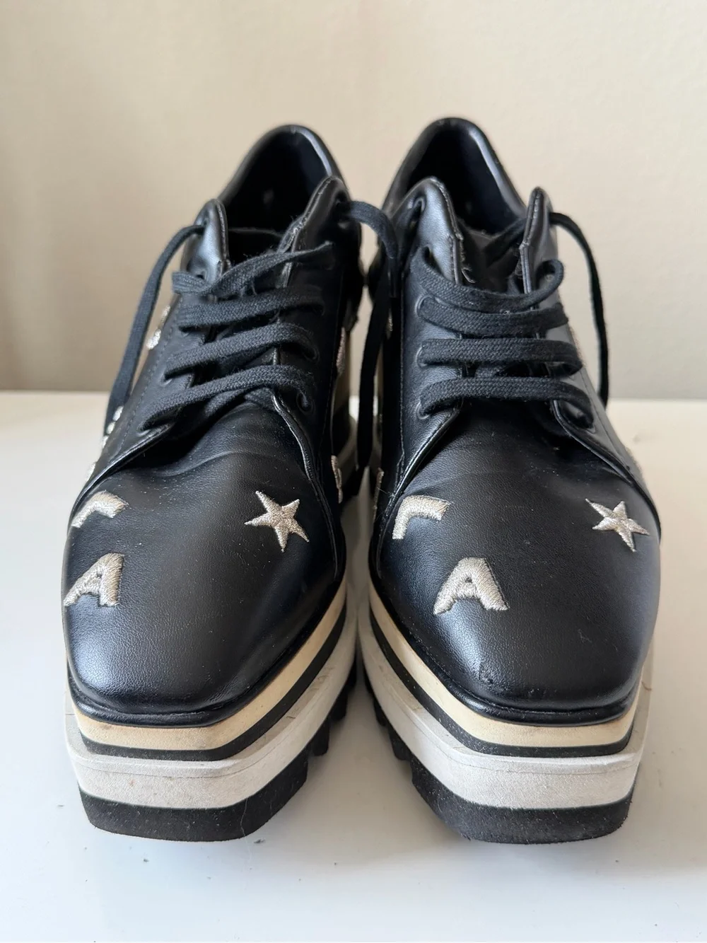 STELLA McARTNEY Elyse Black Platform Oxford Shoes Stars Size 39 Made in Italy